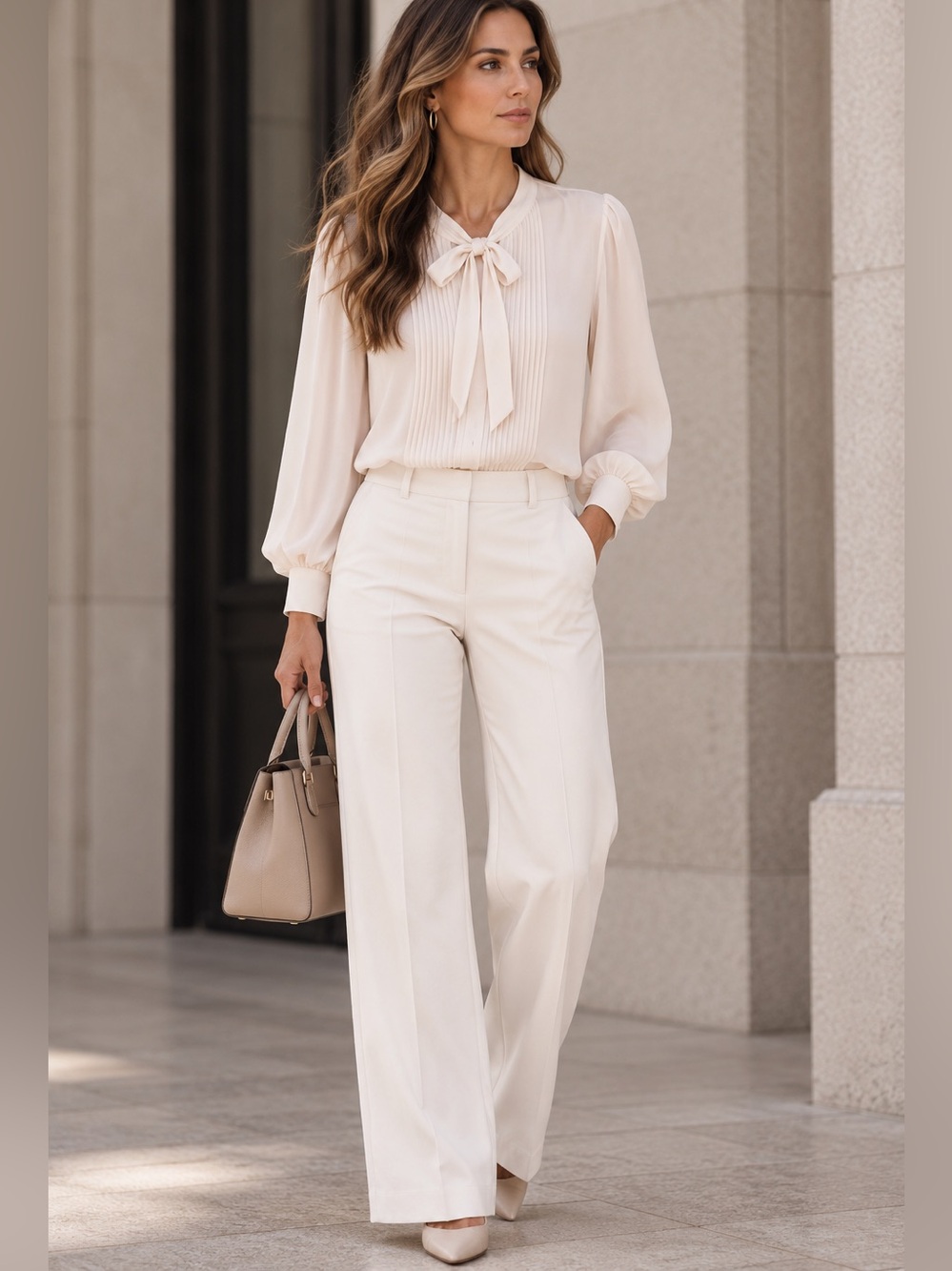 Banana Republic Cream Tie-Neck Pleated Front Blouse